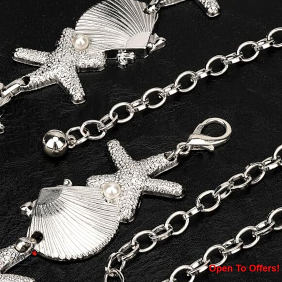 Adjustable Chain Belt with Shell Starfish and Synthetic Pearls, 47 Inch - Picture 3 of 7